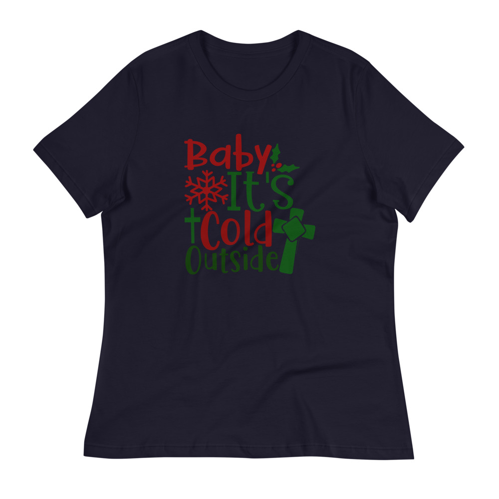 Baby Its Cold Outside Christmas Baseball T-Shirt Women 3/4 Sleeve Splicing Tops Size US S/Tag M Red 